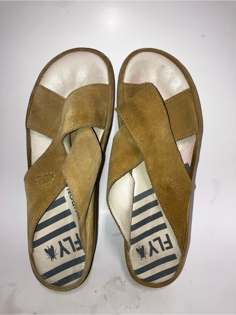 FLY London Women's Brown Suede Crisscross Slide Sandals